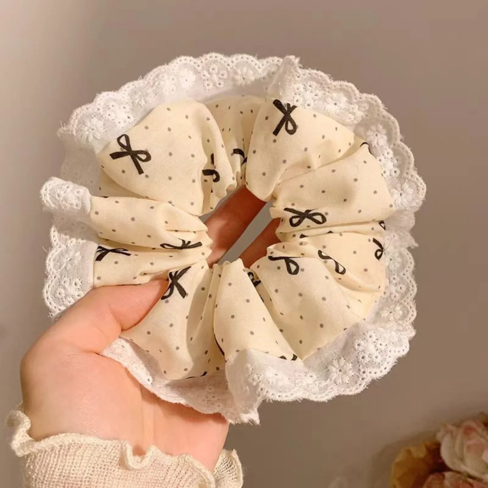 1PC Cute Polka Dot Hair Ties, Lace - Trimmed and Bow - Decorated, Fashionable Scrunchies for Girls' Charming Looks