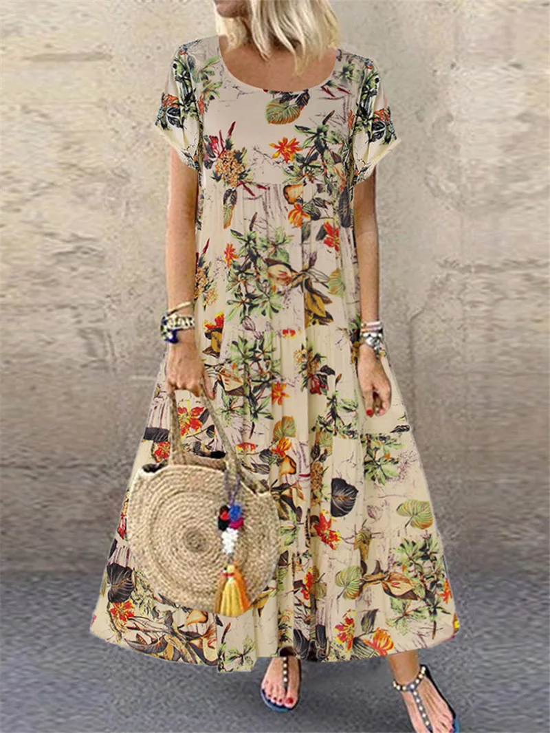 Vintage Floral Printed Long Dress Women Summer Holiday Bohemian Short Sleeve Beach Sundress Female Maxi Dress Party Vestido Robe slip dress Dresses