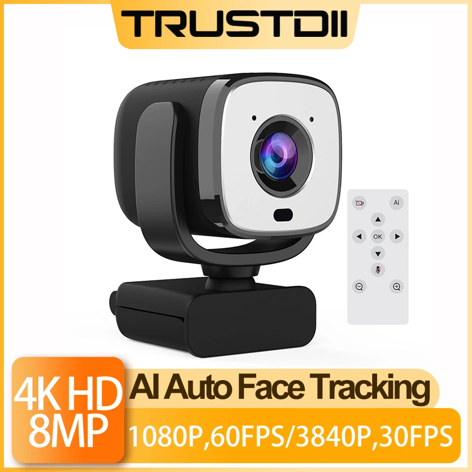 Taida 4K Webcam 3840P 30FPS PC Webcam PC Web Camera Computer Camera with AI Auto Face Tracking Microphone Remote Control for Zoom