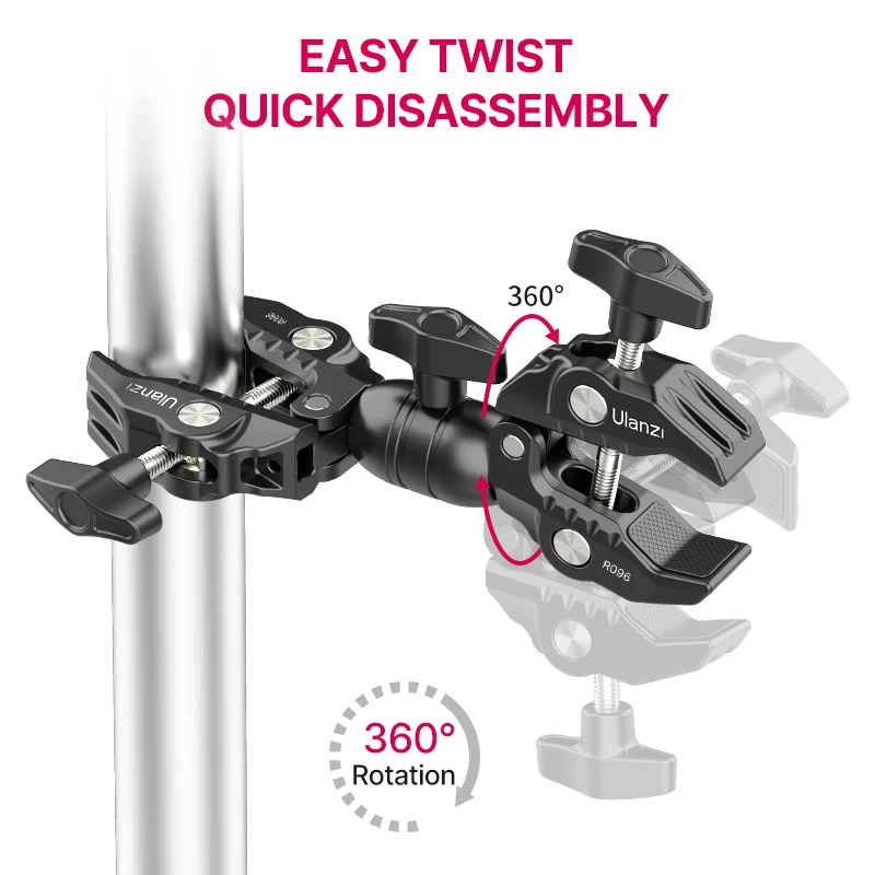 울란지 R096 더블 메탈 슈퍼 클램프 관절형 매직 암 클립 360 °   우산 모니터 LED 조명용 듀얼 헤드 슈퍼 클램프