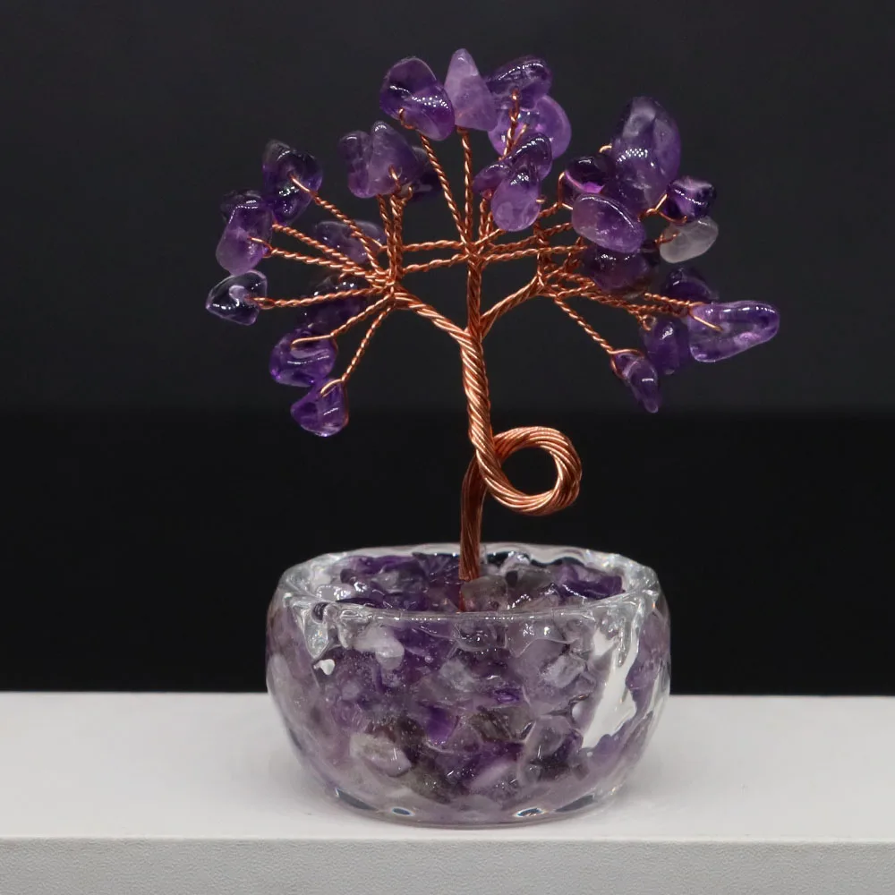 Natural Crystal Lucky Tree Copper Wire Winding Amethyst Gravel Home Office Room Feng Shui Decoration Crafts Money Trees