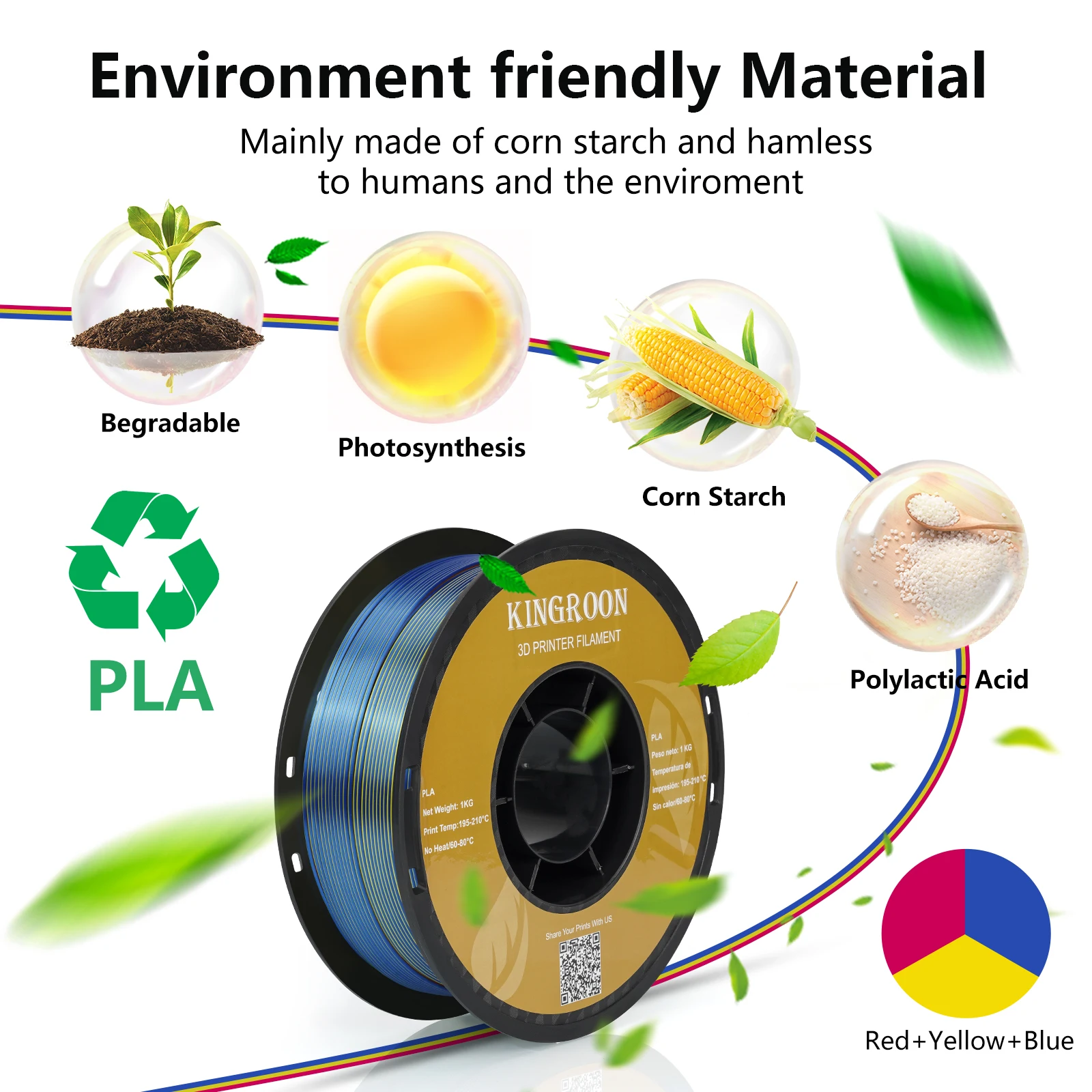 KINGROON Tricolor Silk PLA 3D Printer Filament