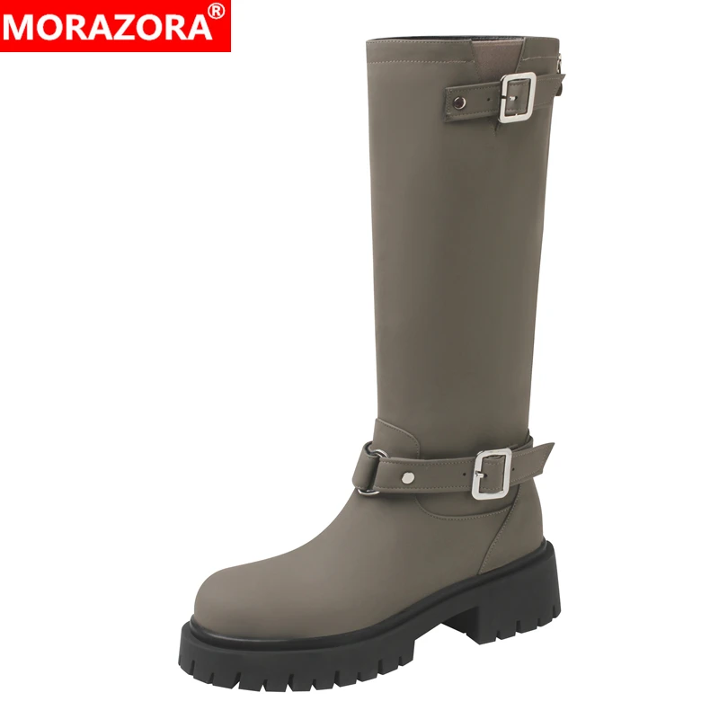 

MORAZORA 2024 New Genuine Leather Boots Women Buckle Back Zip Knee High Boots Fashion Gray Autumn Winter Knight Booties Shoes