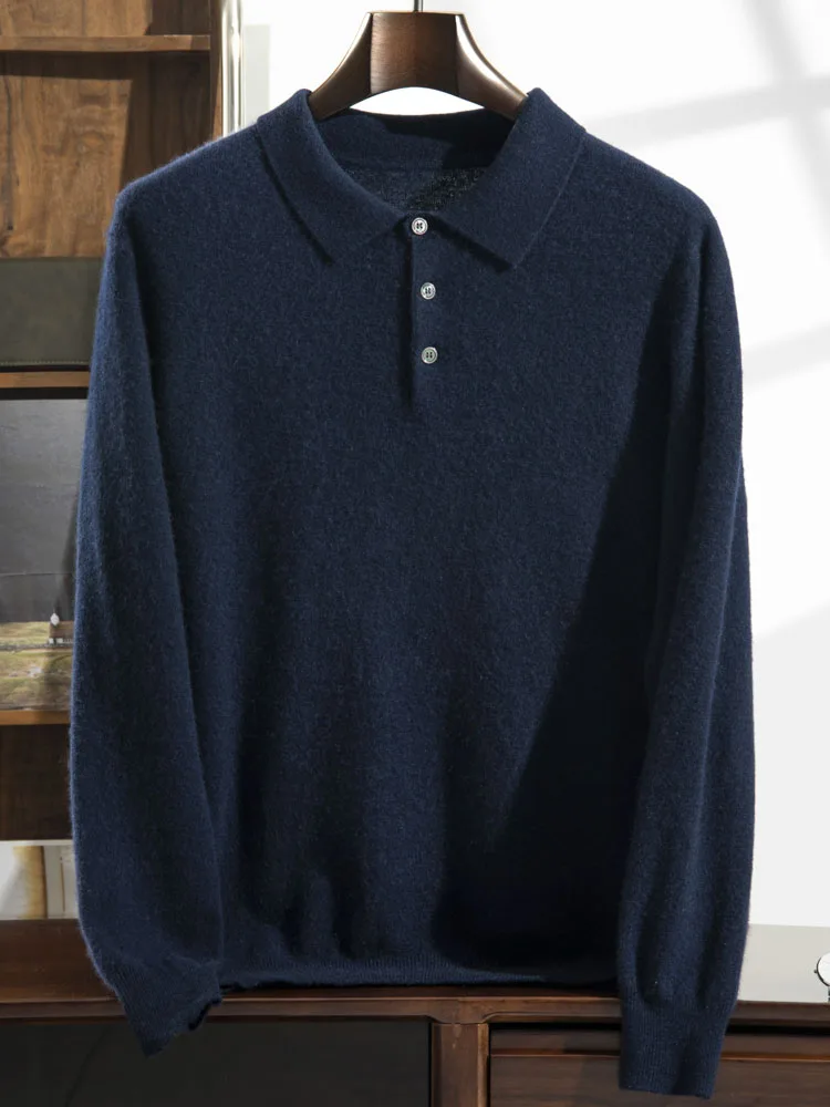 Lapel 100% Pure Cashmere Sweater Men's POLO Collar Knit Pullover Business Casual High-End Base Shirt Autumn New Loose Thick Tops 3