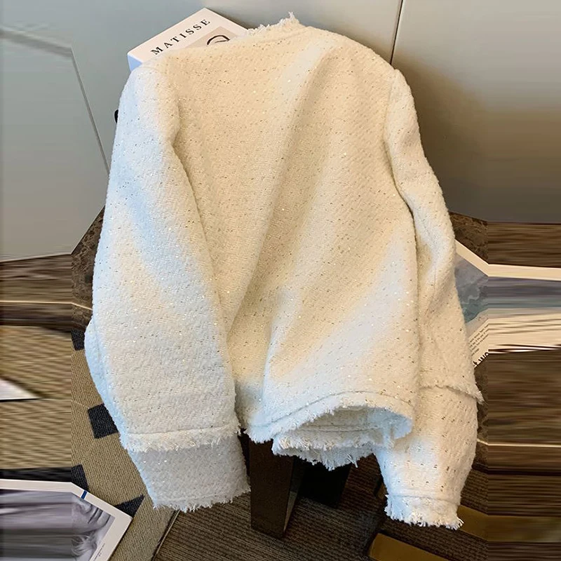 White Korean Tweed Cropped Jacket For Women Autumn Long Sleeve Tassel Luxury Coat Ladies Temperament Single Breasted Outwear