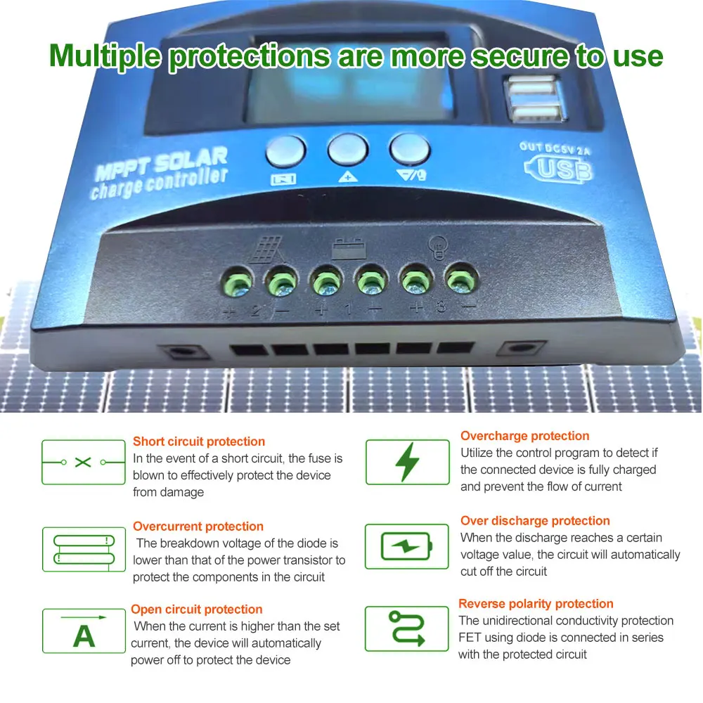 MPPT Solar Charge Controller solar battery charge controller 100A 80A 60A 50A 40A 30A 12V/24V Batterys Regulator Charge and Discharger Solar Controller USB LCD