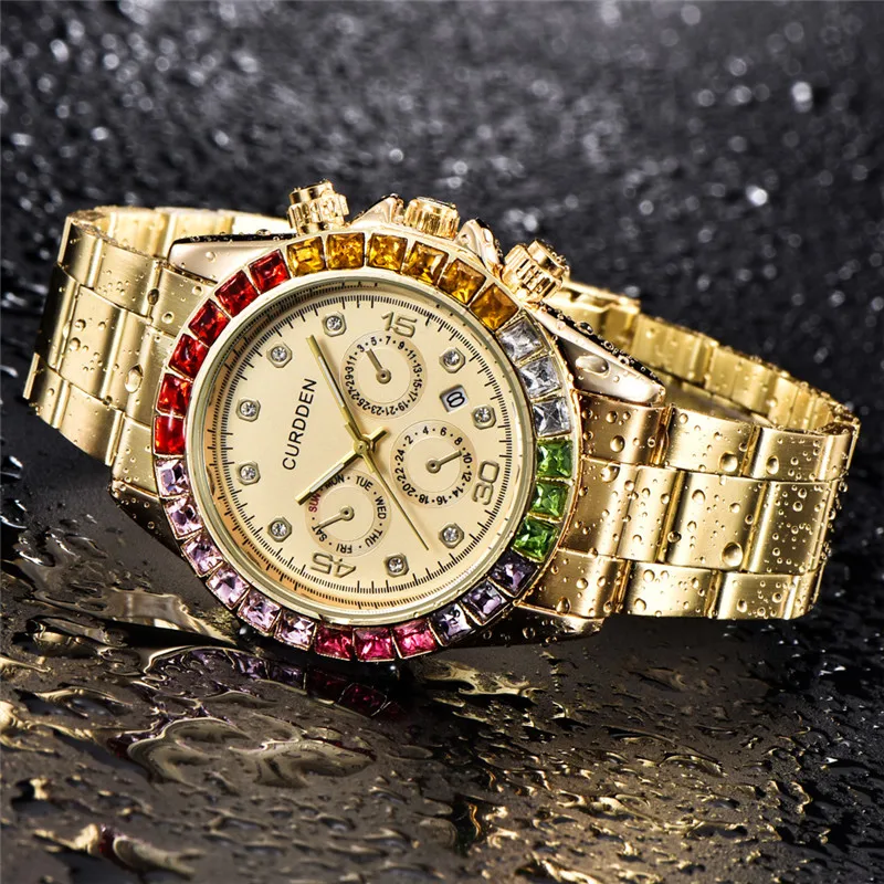 Men Original CURDDEN Brand Watches Fashion Full Stainless Steel Band Diamond Luxury Date Quartz Watch Montres de Marque de Luxe