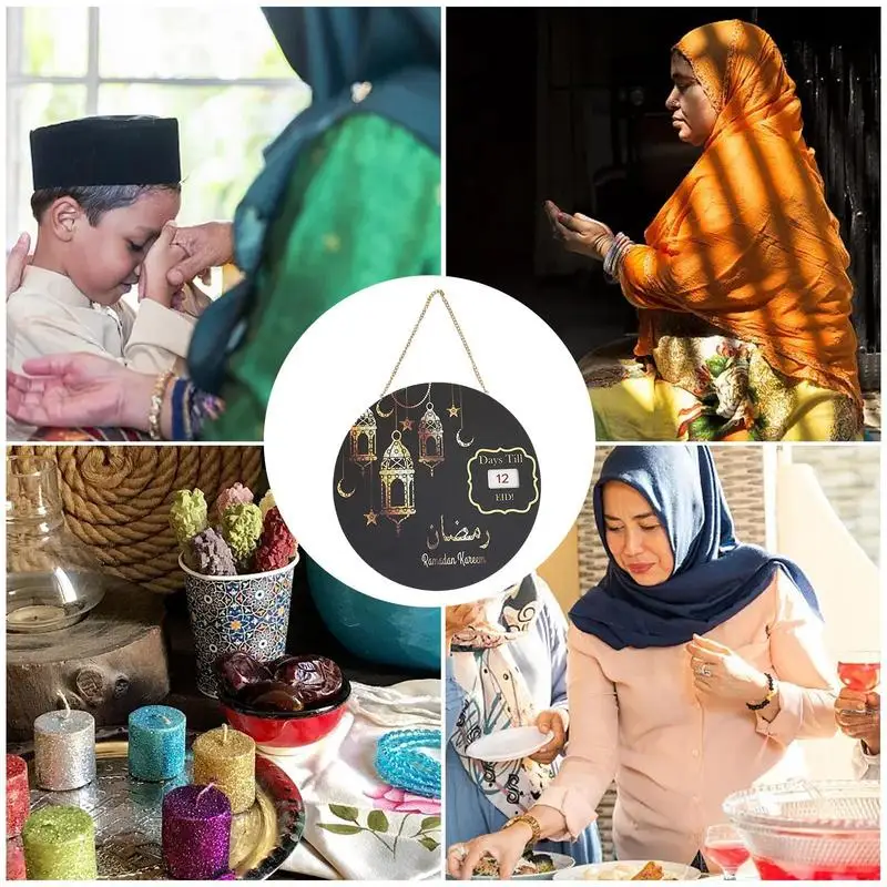 재사용 가능한 나무 Eid 달력 보드, Eid 출현 알림, 데스크탑 장식, 달 및 건물 패턴, 숫자 교체 Eid 장식