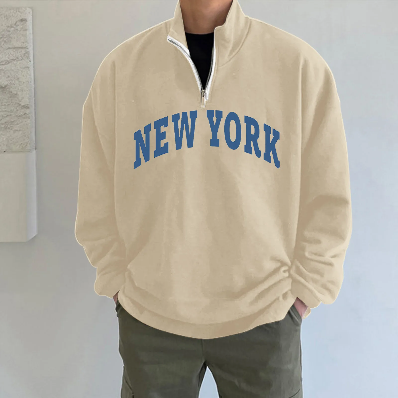 

Mens Sweatshirts Simple Casual Letter Print Loose Zipper Solid Stand Collar Hoodless Pullover Long Sleeve Vintage Coat Top 4