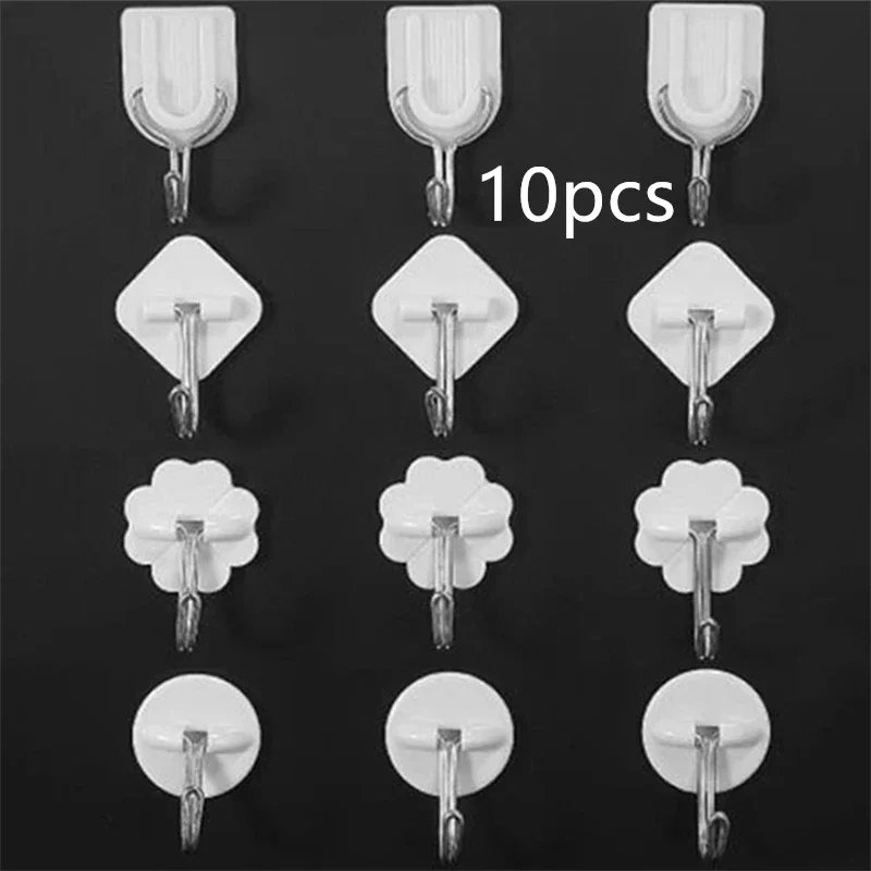 

10Pcs/Set Wall Hook Key Holder Shelf White Small Plastic Hanging Strong Self-Adhesive 4-Shaped Home Bathroom Kitchen Accessories