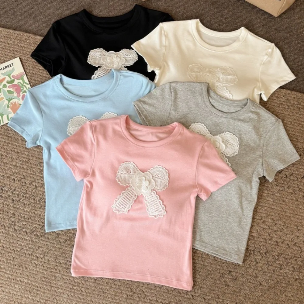 Ins Sweet Cotton Korean Bow T-shirts With Chest Pads Embroidered Y2K Crop Tops Bowknot Spicy Girl Short Shoulder Tops Student