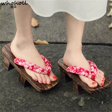 WHOHOLL – pantoufles geta en bois pour femmes, sandales, sabots japonais à deux dents, tongs kimono pour costumes de Cosplay en bois imprimés 