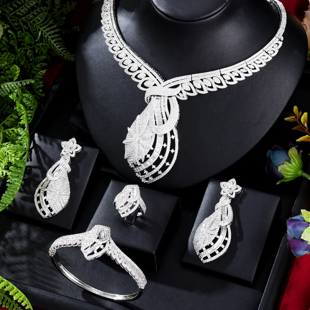 

Jimbora New Luxury Earrings Necklace Bangle Ring 4PCS Jewelry Sets For Women Bride Wedding Jewelry 2021 Trendy HOT New