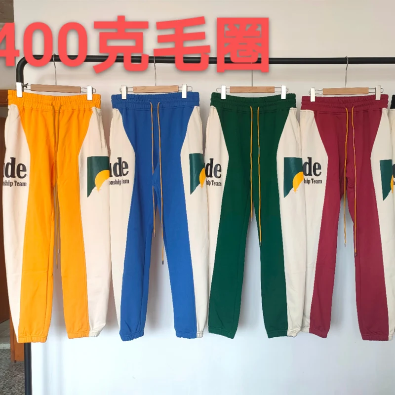

Men Women Streetwear Yellow Green Red Black Patchwork Rhude Sweatpants Cotton Drawstring Moonlight Sunset Print Casual Pants