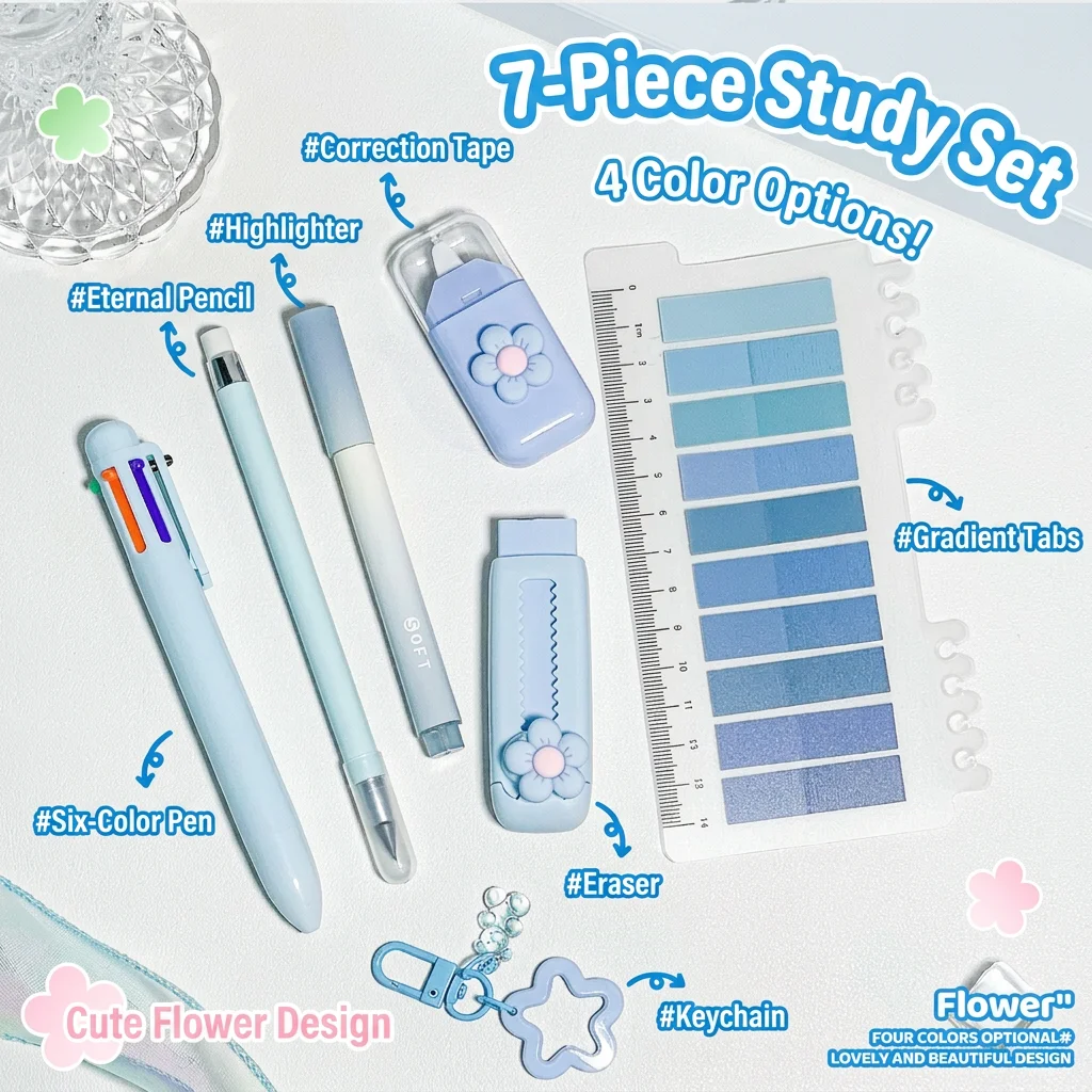 7-Piece Multifunctional Student Stationery Set Cute Aesthetic Back to School Supplies Kit for Note Taking Daily Study Prize - 3