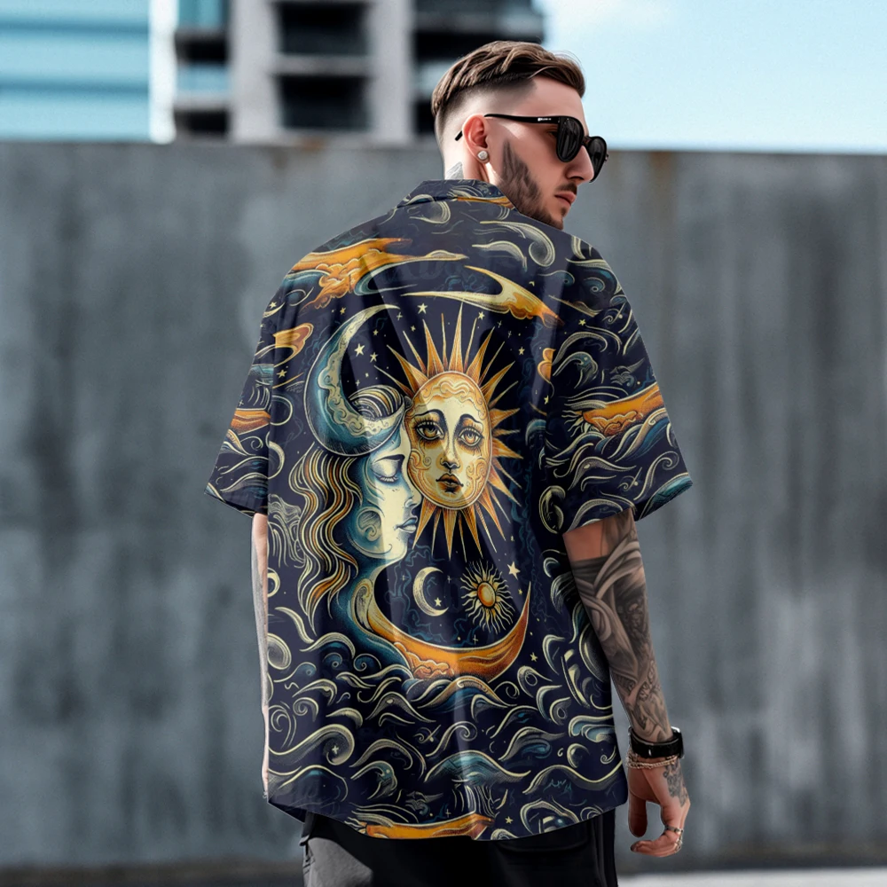 Abstract style casual creative design men's short-sleeved shirt summer loose large size thin lapel shirt