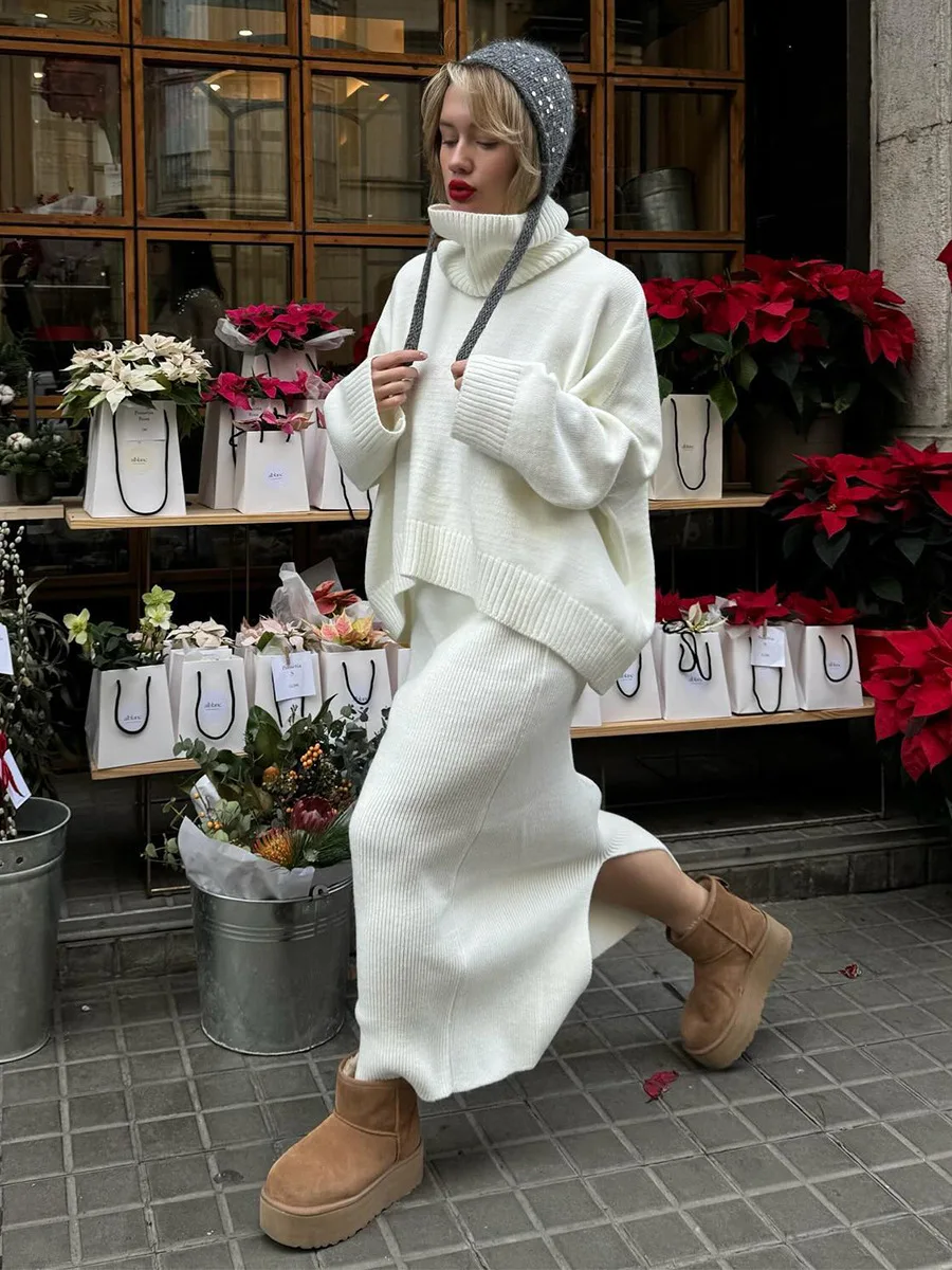 Bornladies Women's Knitted Turtleneck Sweater Skirt Set  Autumn Winter Loose Solid Color 2- Piece Knit Outfit Casual Warm Suit