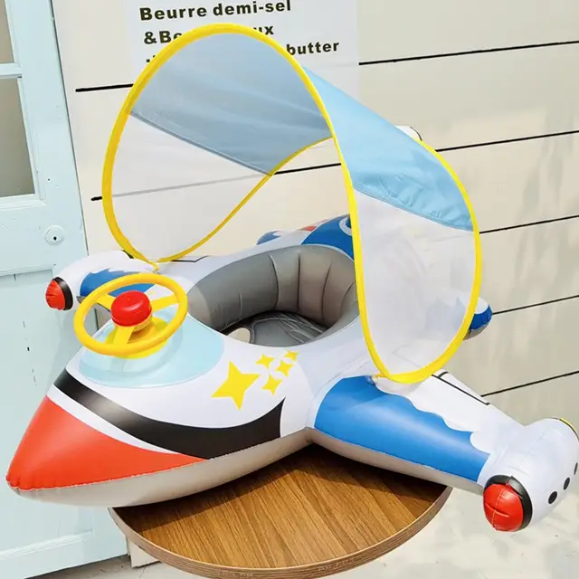 Baby Pool Float Baby Swimming Pool Floats Airplane Shape Inflatable Raft with Sun Protection Canopy Water Toys for Kids Ages 1-6 5