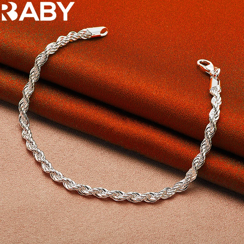 

925 Sterling Silver 4mm Twisted Rope Chain Bracelet For Man Women Fashion Wedding Party Charm Jewelry Gift