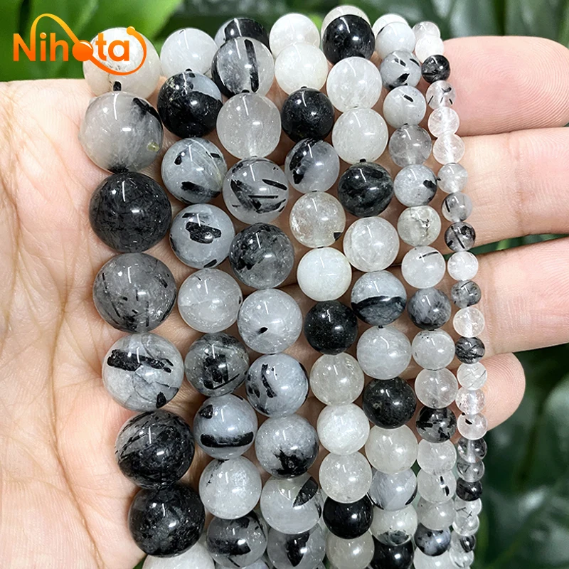 천연 블랙 루틸 쿼츠 크리스탈 라운드 루스 비즈 수제 Diy 팔찌 쥬얼리 제작, 4/6/8/10/12mm 15 인치 스트랜드