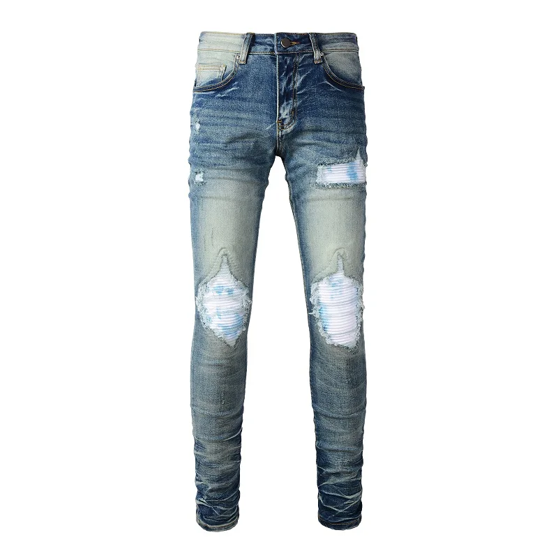 

New Arrivals Light Indigo Streetwear Style Tie Dye Ribs Patchwork Stretch Holes Slim Fit High Street Distressed Ripped Jeans