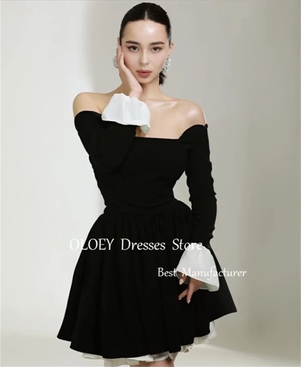 OLOEY Modest Black Mini Prom Cocktail Dress Pleats Off Shoulder Short Wedding Party Dress A Line Full Sleeves Formal
