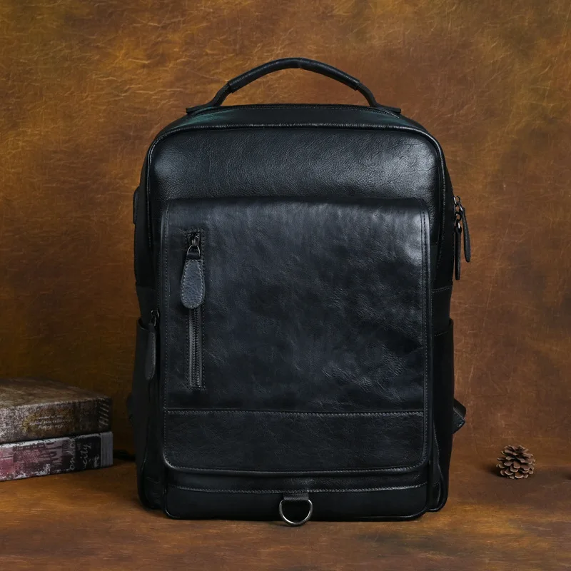 Men's Backpack Vintage Genuine leather Fit 15.6" Laptop Bags Business Rucksack Student School Bag Daypack Big Male Travel Bag