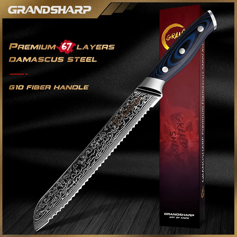 

Grandsharp 8.5'' Bread Knife Japanese Damascus Stainless Steel Serrated Knives Cake Slicing Kicthen Cutter Knife with G10 Handle