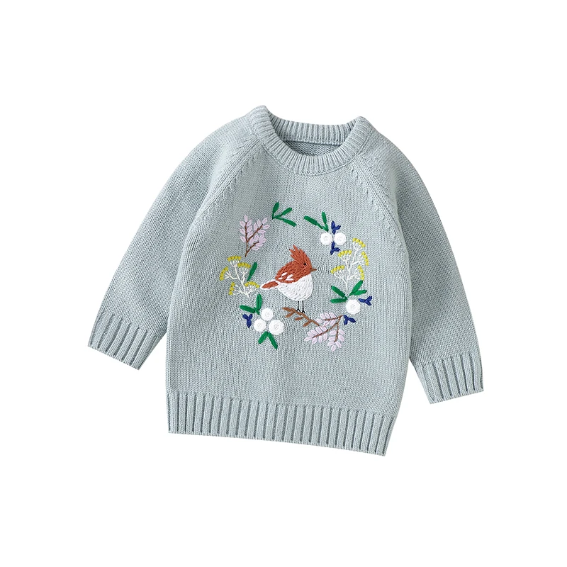 Embroidery Bird Print Baby Girls Long Sleeve O-neck Sweaters Skin-friendly Knitwear Infant Sweatshirt