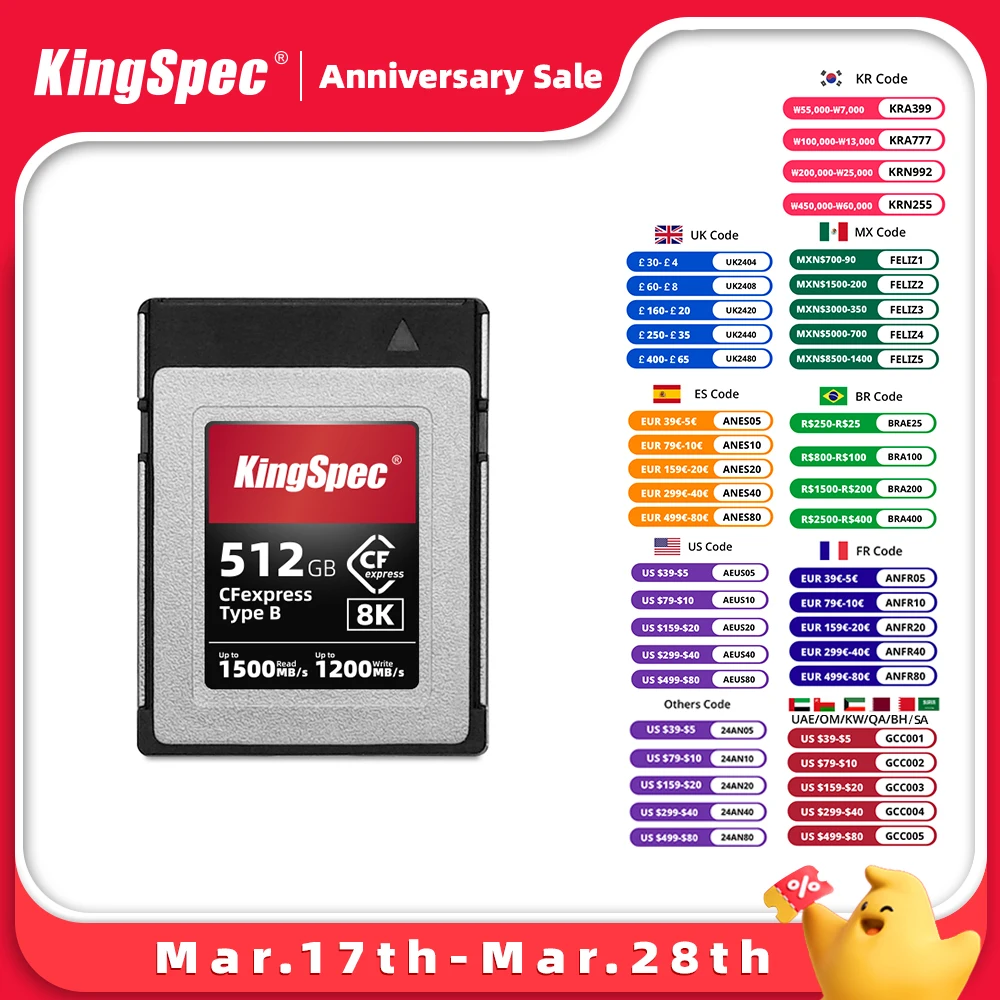 KingSpec CFexpress B 타입 카드, 캐논 R5, DX3, 니콘 D6, Z6, Z7, 파나소닉 S1, S1R 용, 256GB, 1TB CF Express 메모리 카드, 512GB