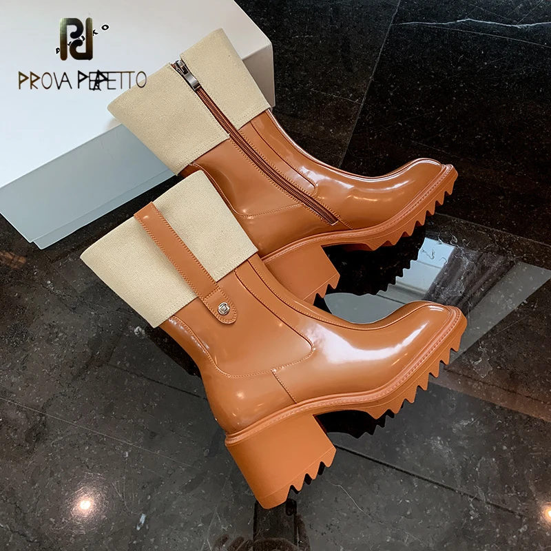 

Women Boots Real Leather Chunky Heel Short Boots Shiny Squared Toe Party Shoes Brand Design Casual Lady Street Shoes High End