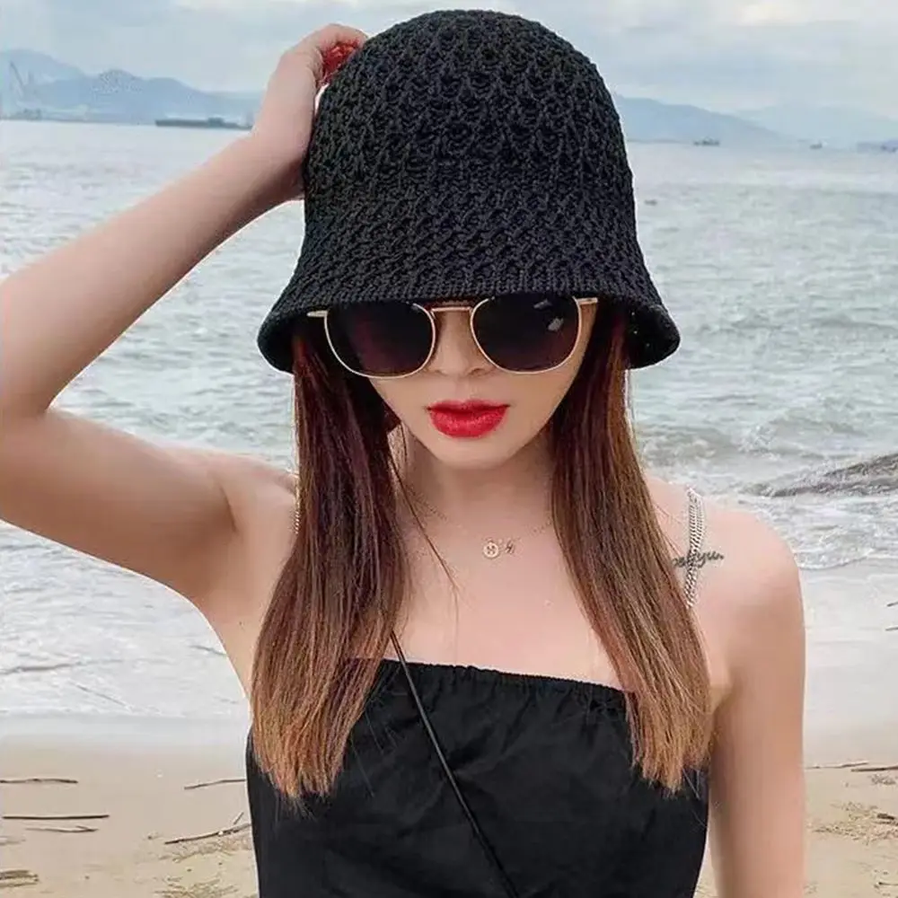 Hot Sale Bucket Spring Summer Hollow Knitted Hat Solid Color Sunhat Fisherman Caps Casual Foldable Beach Cap_voghion.com