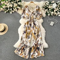 V Neck Sexy Dolman Sleeves Waist Slim Floral Print Jumpsuit Women Wide Leg Trousers Jumpsuit - Image 4