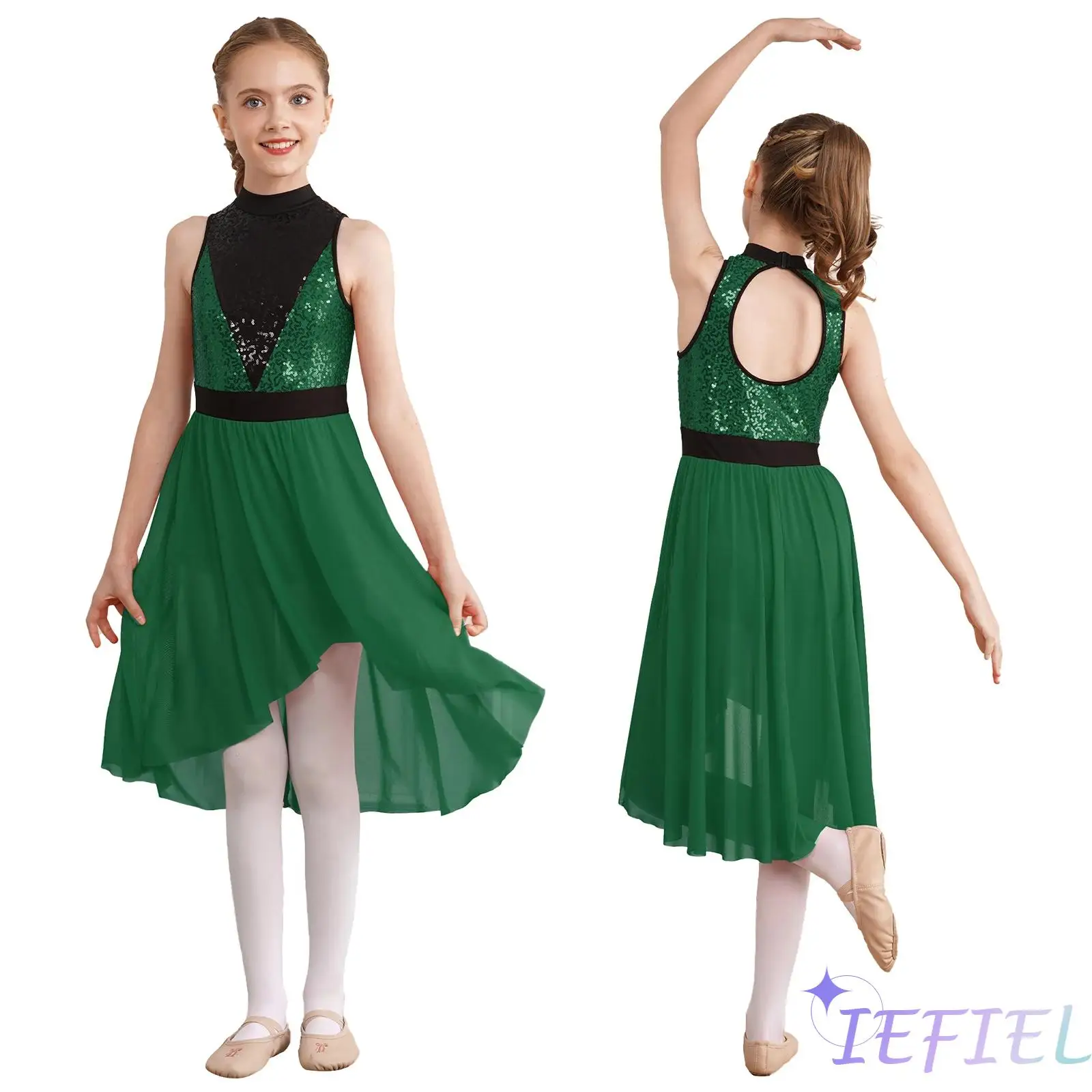 

Kids Girls Ballet Praise Lyrical Celebration of Spirit Dancewear Dress Fancy Skating Sequin Contrast Bodice Splice Mesh Skirt