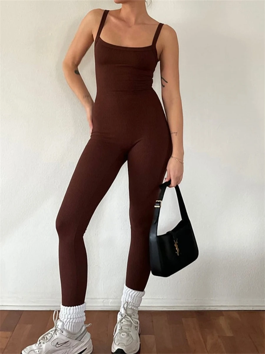 

Spaghetti Straps Skinny Tank Jumpsuit Women Casual Sports Streetwear Outfit Sleeveless Square Neck Sling Long Romper