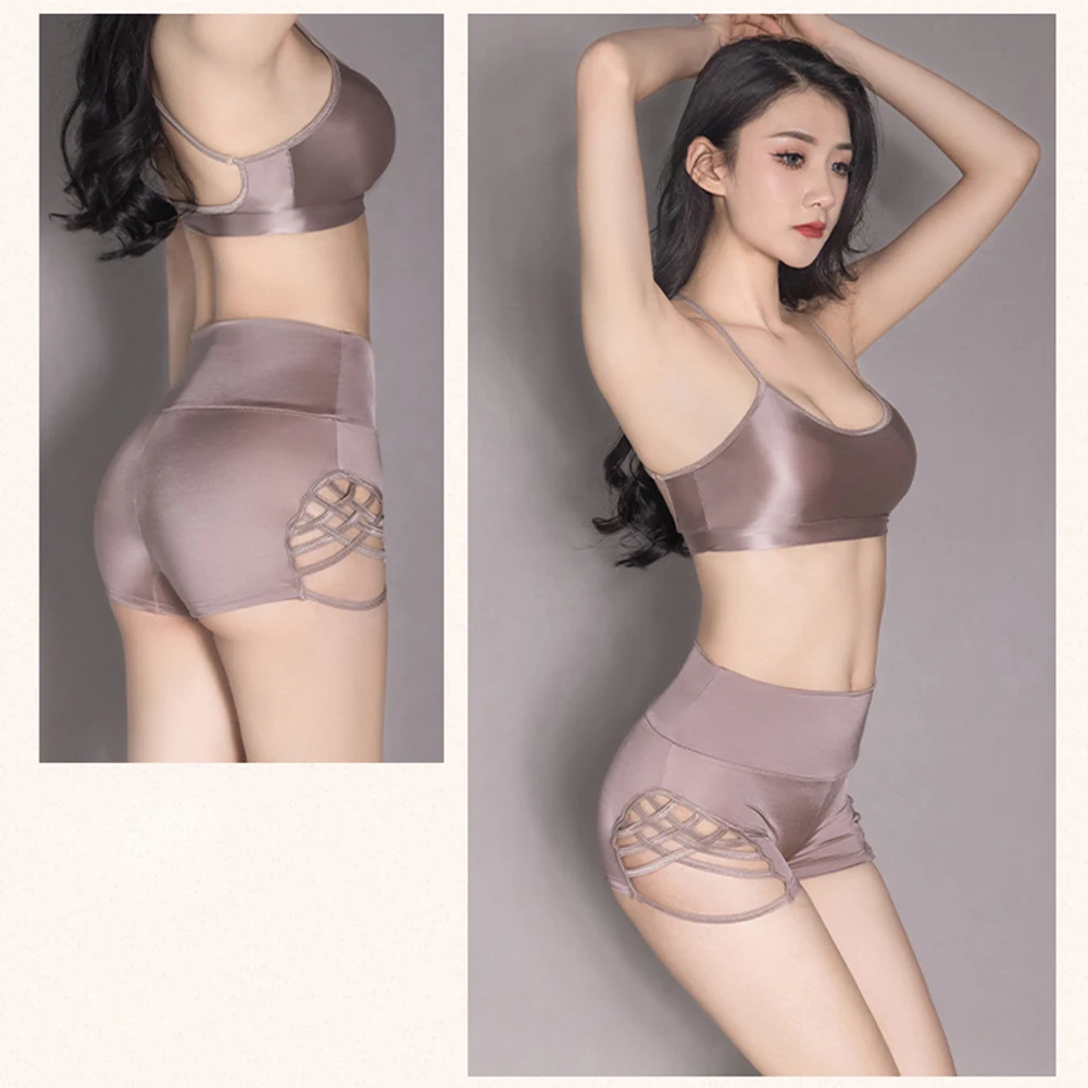 

Women Oil Glossy Sleeveless Crop Tops Outfit Female Smooth Tank Boxer Shorts Gym Fitness Yoga Wear Swimwear Workout Swimsuit