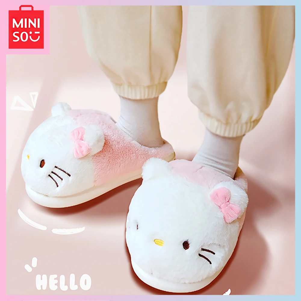 

2023 Miniso Helllo Kitty Kawaii Plush Cartoon Warm Anti-Slip Outdoor Thick-Soled Toe Covering Cotton Slipper Girls Birthday Gift