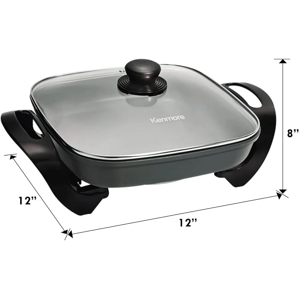 Non-Stick Electric Skillet with Tempered Glass Lid,Black and Grey,Deep-Dish Frying Pan,12"x12" Cooking Surface,One-Pot Cooking 6