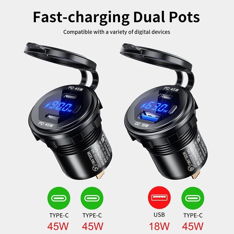 Caricabatteria da auto a ricarica rapida da 90 W Porta PD Interruttore di ricarica rapida ON/OFF Caricatore del telefono Display a LED Adattatore di alimentazione 12 V 24 V per auto Barca RV - Image 2