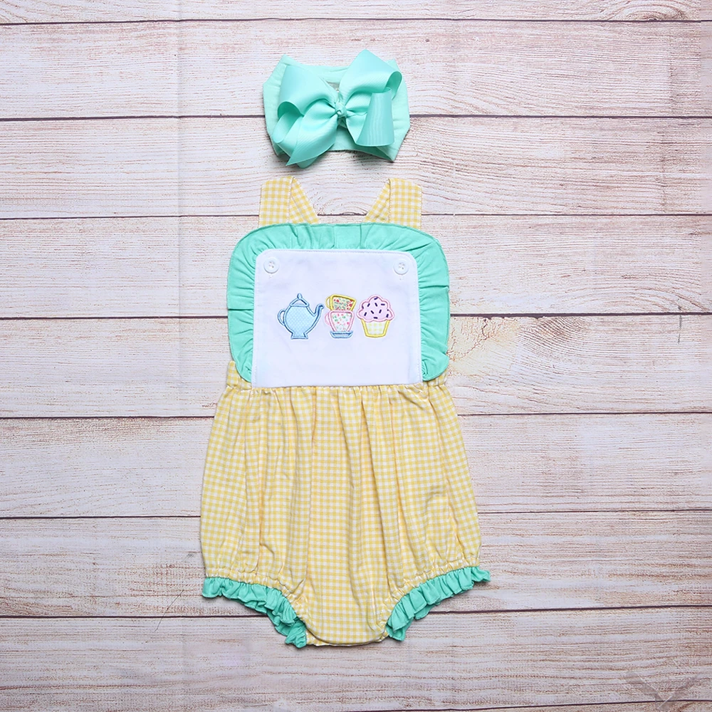 Mini One-Piece Cotton Clothes For Summer New Style Cute Tea Set  Embroidery Rompers Pretty  Sleeveless Jumpsuit  For 0-3T Girl Baby Bodysuits Fur