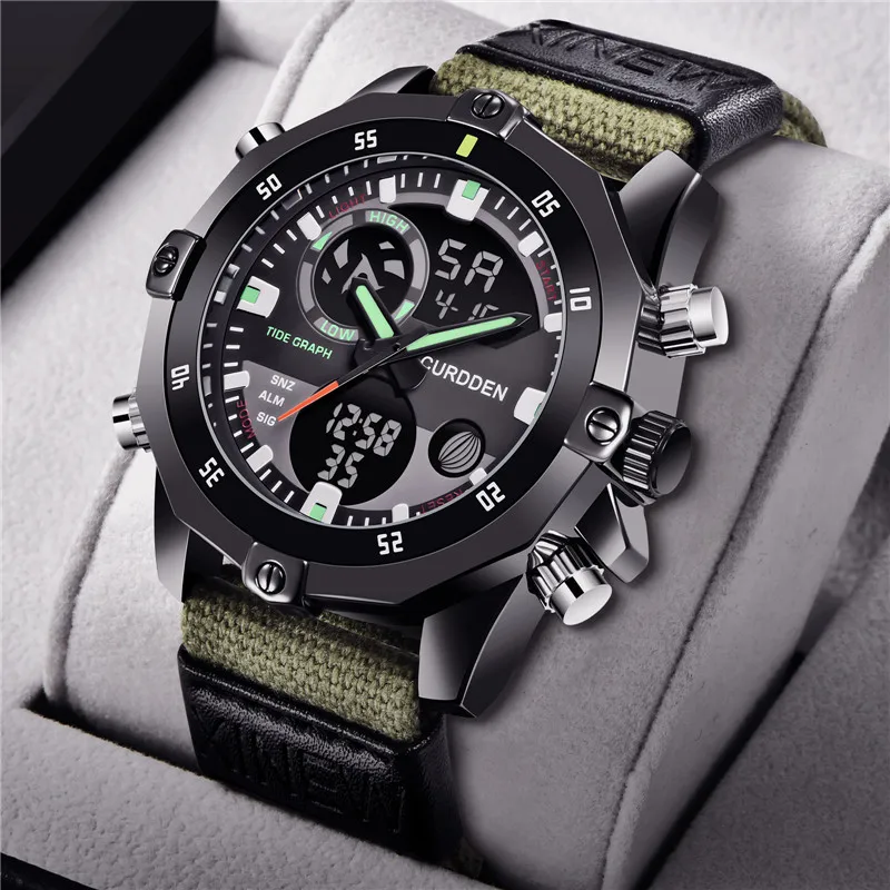 Men Genuine CURDDEN Dual Time Watches Fashion Nylon Band Multi-function Chronograph Sports Army Digital Watch Relogio Masculino