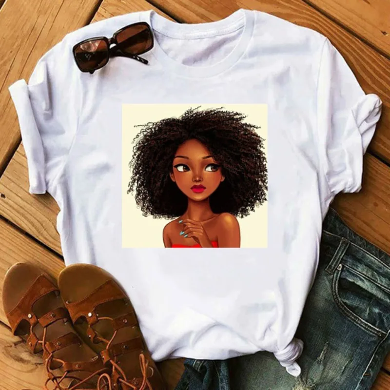 

Short Sleeve Cartoon Curly Hair Girl Print Ladies Short Sleeve T-shirt Top Loose Casual Instagram Trendy Street Tshirt Tee