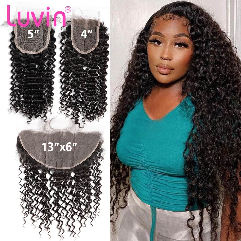 Luvin Deep Wave 4x4 Closure Hair 13x4 Transparent Lace Frontal Hair Brazilian Remy Curly Pre Plucked 100% Natural Human
