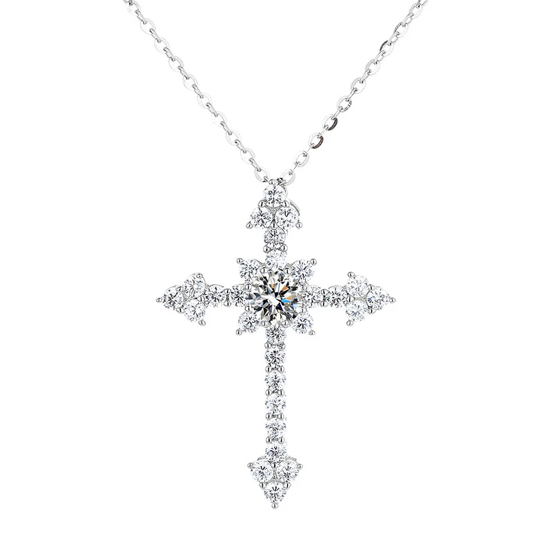 COSYA Real 1 Carat Moissanite Cross Pendant Necklace For Women 100% 925 Sterling Silver D Color Diamond Necklace Fine Jewelry