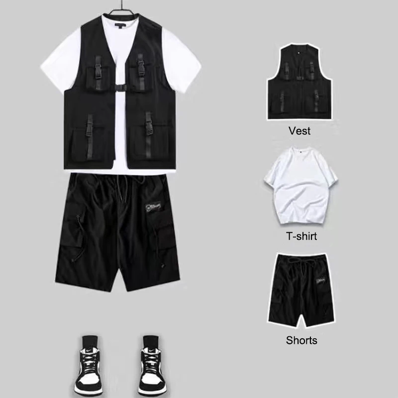 

ARENS Techwear Goth Gothic Clothing Men's Vest Short Sleeve Male Vest Punk Rave Men's Shorts Set Streetwear Hip Hop Hippie