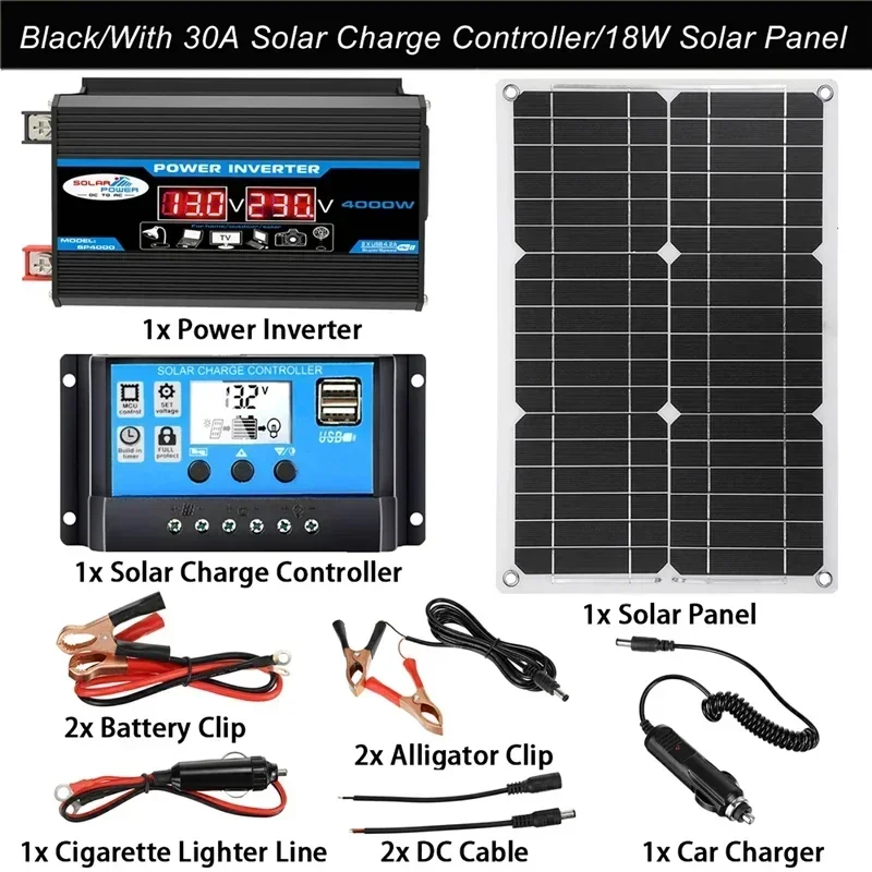 

Solar Panel System with Charge Controller, Car Solar Inverter Kit, Complete Power Generation Kit, 18V, 18W, 30A, 110V, 220V