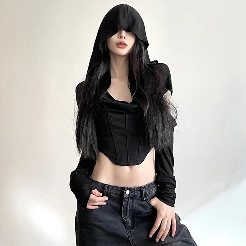 y2k Crop Top Women Punk Gothic Clothes Solid Color Long Sleeve Hooded T Shirt with Thumbhole Wasteland Tee Streetwear