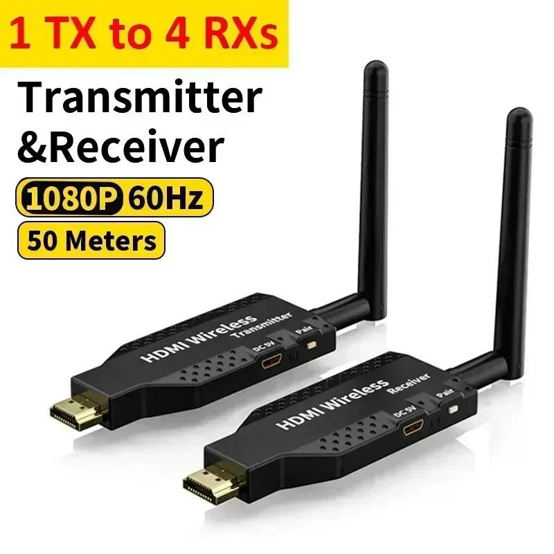 1080P 50m Wireless HDMI Extender 1 TX to 4 Splitter Video Transmitter Receiver for PS4 Camera Laptop PC to TV Monitor Projector