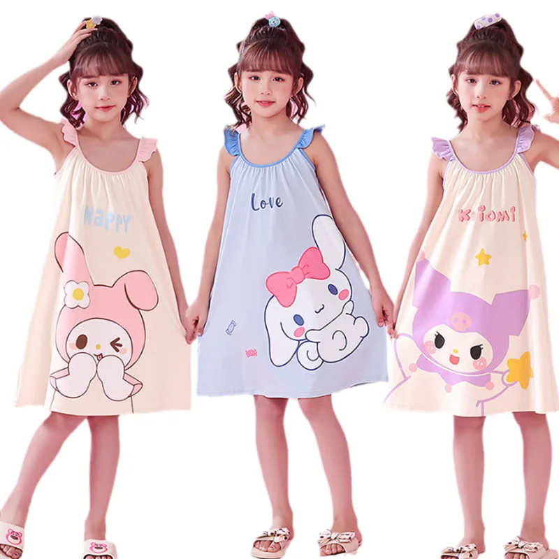 

Sanrios Kids Pajamas Kawaii Anime MyMelody Kuromi Cinnamoroll Girls Sling Nightdress Cartoon Summer Short Sleeve Homewear Set