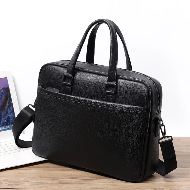 Double Zipper Men Bags Genuine Leather Men Briefcase Bag Business